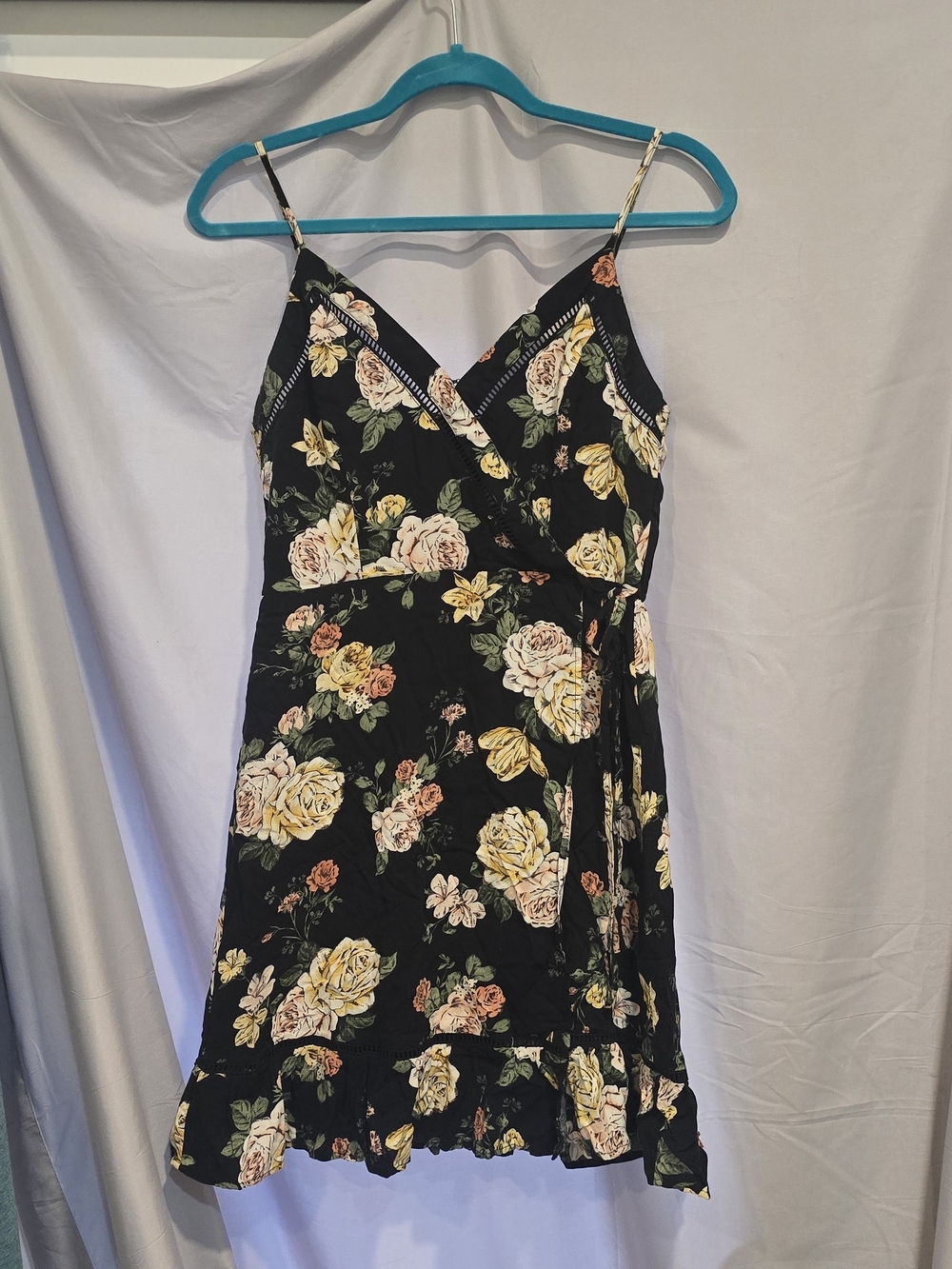 Floral Wrap Mini Dress in Black with Yellow & Pink Flowers